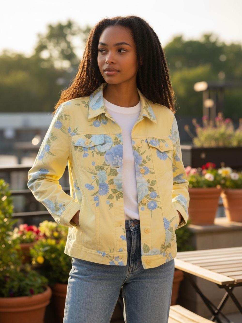 Real Clothes Saks Fifth Ave Yellow Floral Jacket with Blue Flowers 12